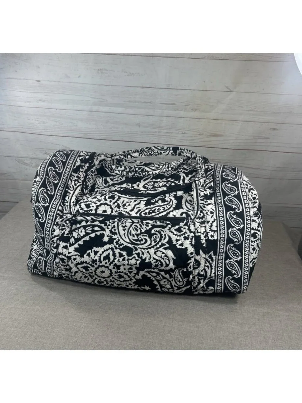 Black And White Paisley Quilted Large Duffel Weekender Bag Multi zip 21” X 11”